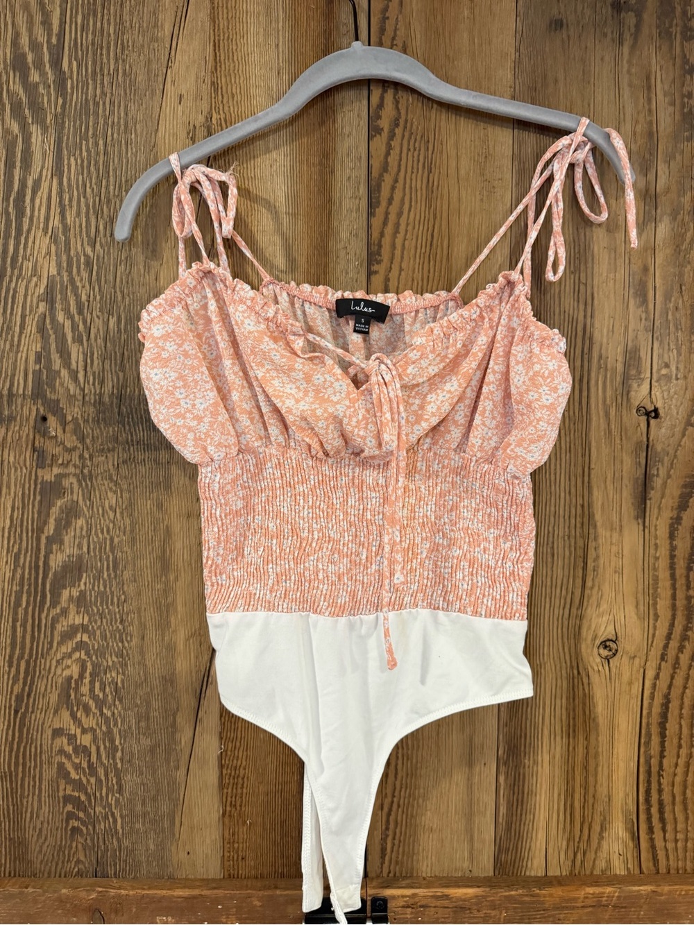 Lulu's Peach Floral Smocked Tie-Shoulder One-Piece